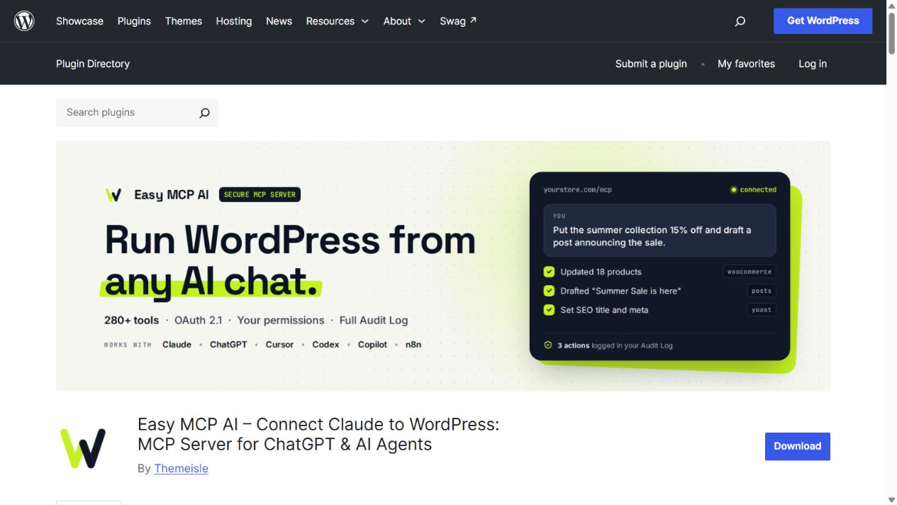 Easy MCP AI official WordPress plugin page captured on 11 October 2026
