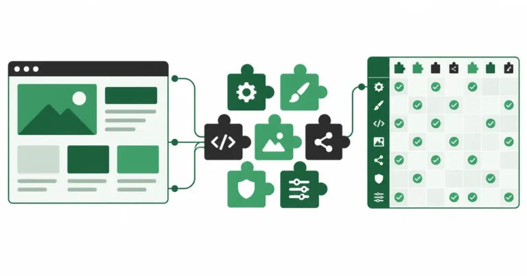 A website connected to seven plugin puzzle pieces beside a visual feature comparison grid