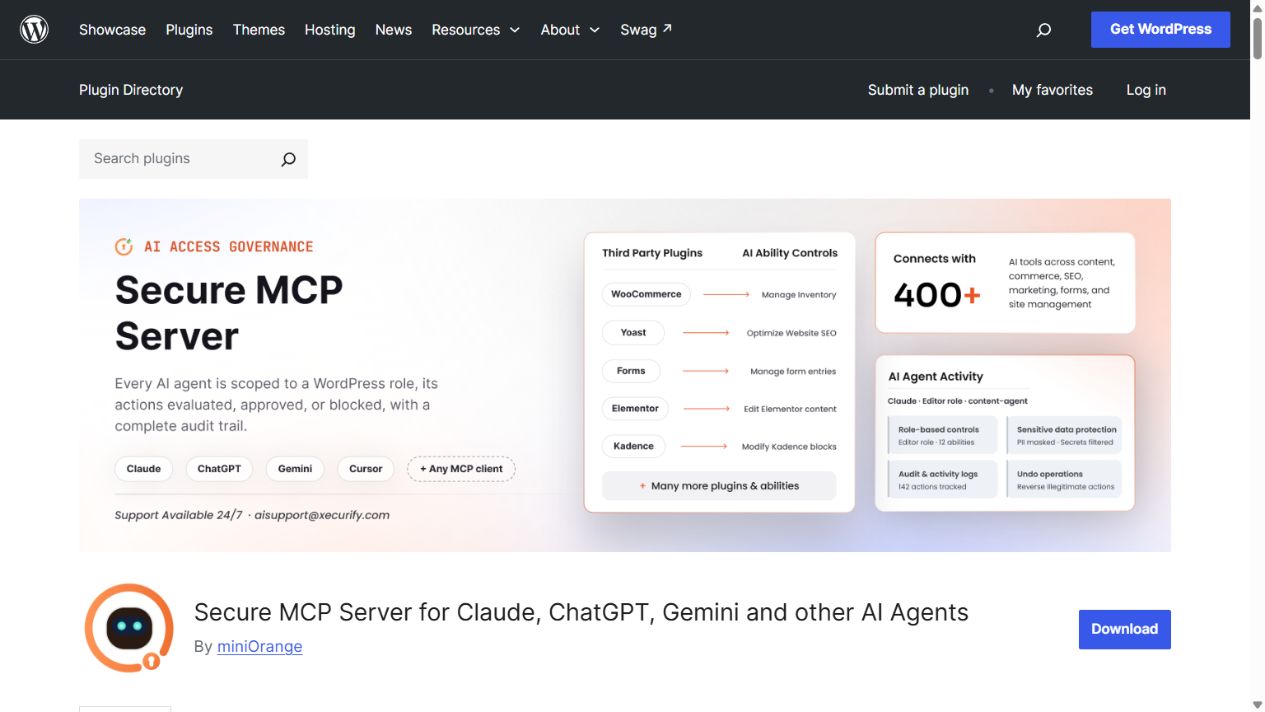 miniOrange Secure MCP Server official WordPress.org page captured on 11 October 2026