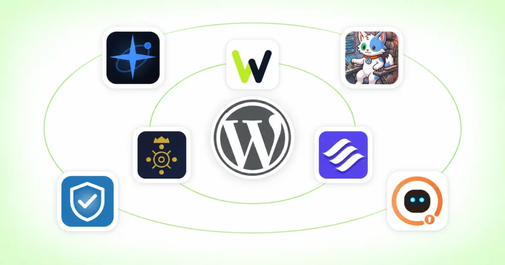 WordPress logo in the center, with seven official plugin icons placed around it in two rings