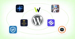 WordPress logo in the center, with seven official plugin icons placed around it in two rings
